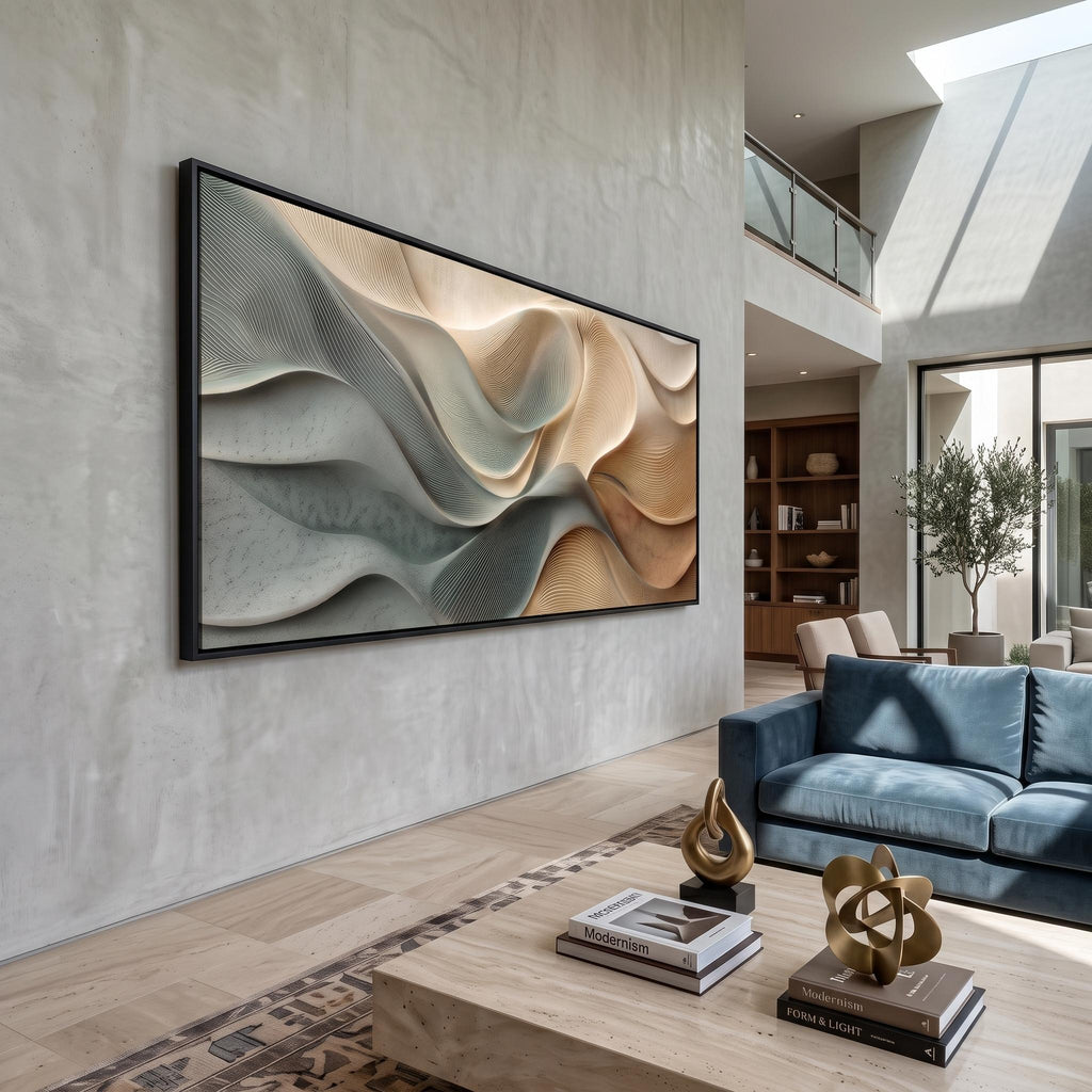 3D Texture Abstract Art｜Dusty Blue Beige Heavy‑Texture Wave Canvas Print