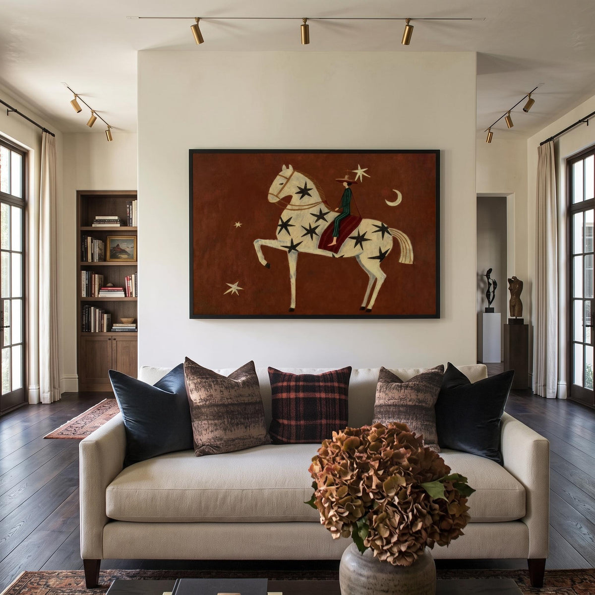 Vintage Americana Art | Rust Red Stylized Horse With Moon & Stars Canvas