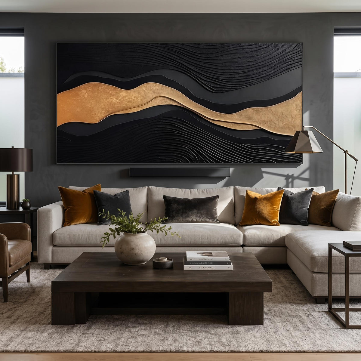 3D-Textured Art｜Luxury Black‑Gold Layered Mountain