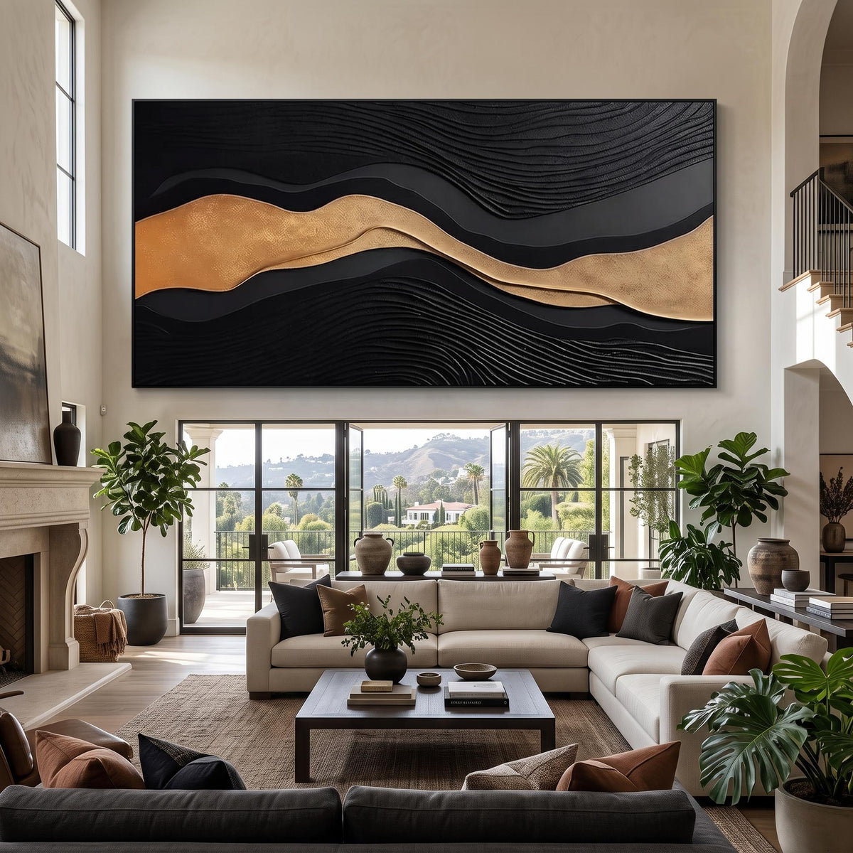 3D-Textured Art｜Luxury Black‑Gold Layered Mountain