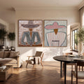 Vintage Americana Art | Double Wide Striped Hat Western Cowboy and Girl