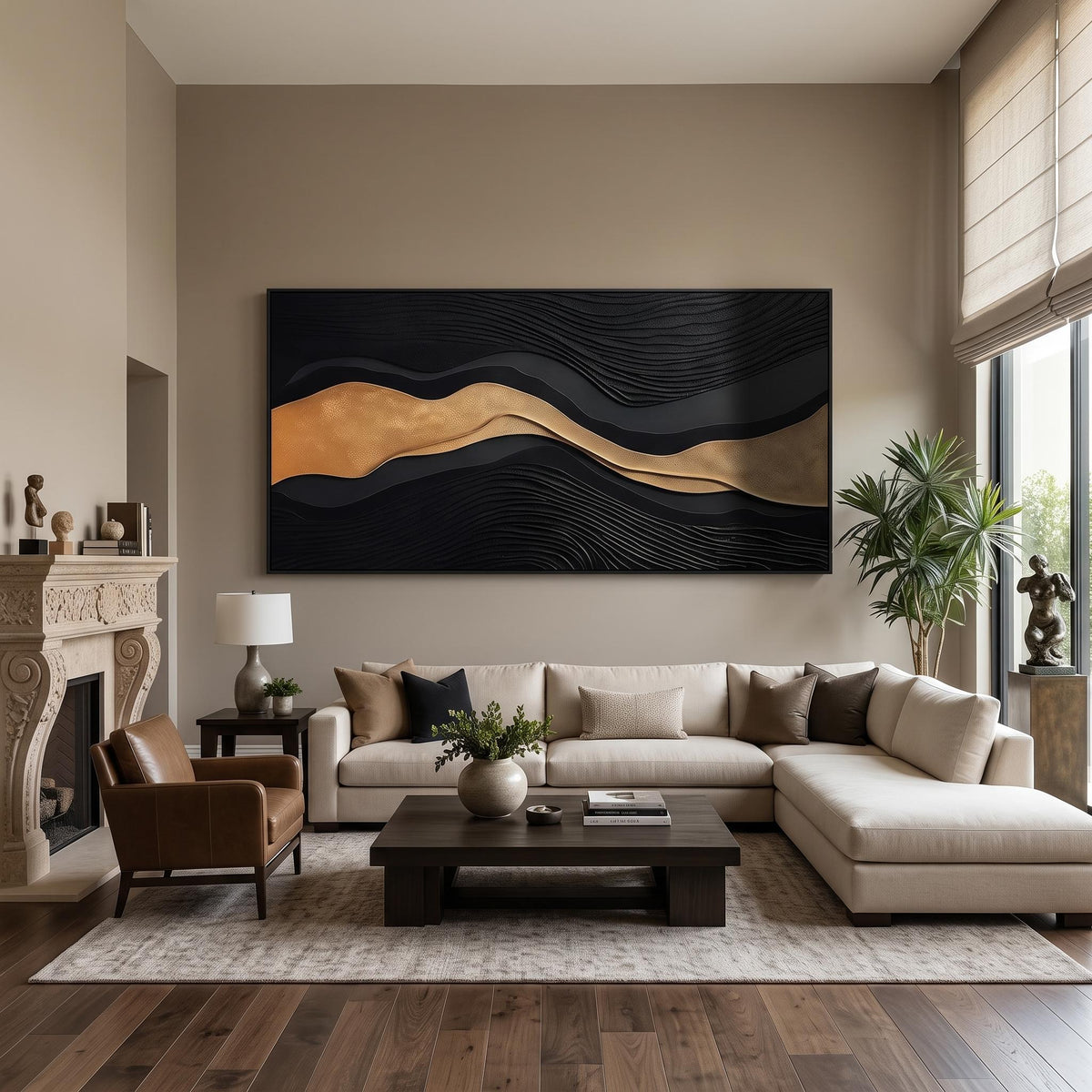 3D-Textured Art｜Luxury Black‑Gold Layered Mountain