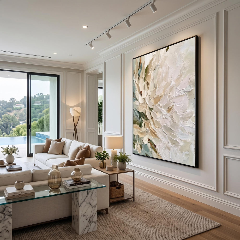 3D-Textured Art｜Vertical Impasto White Flower Wall Art