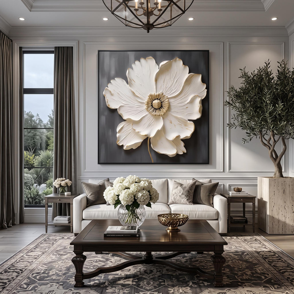 3d Textured Art｜Square White‑Gold Flower Wall Art