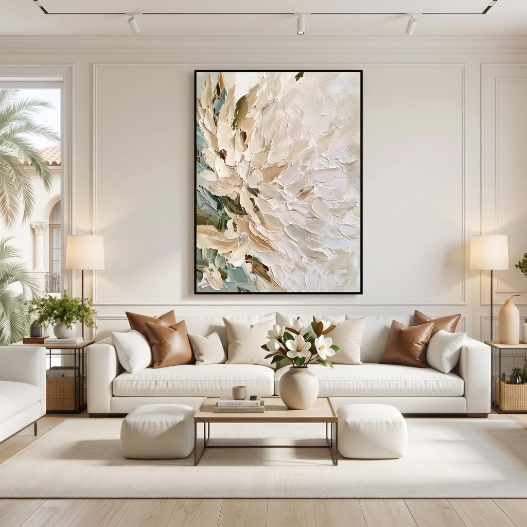 3D-Textured Art｜Vertical Impasto White Flower Wall Art
