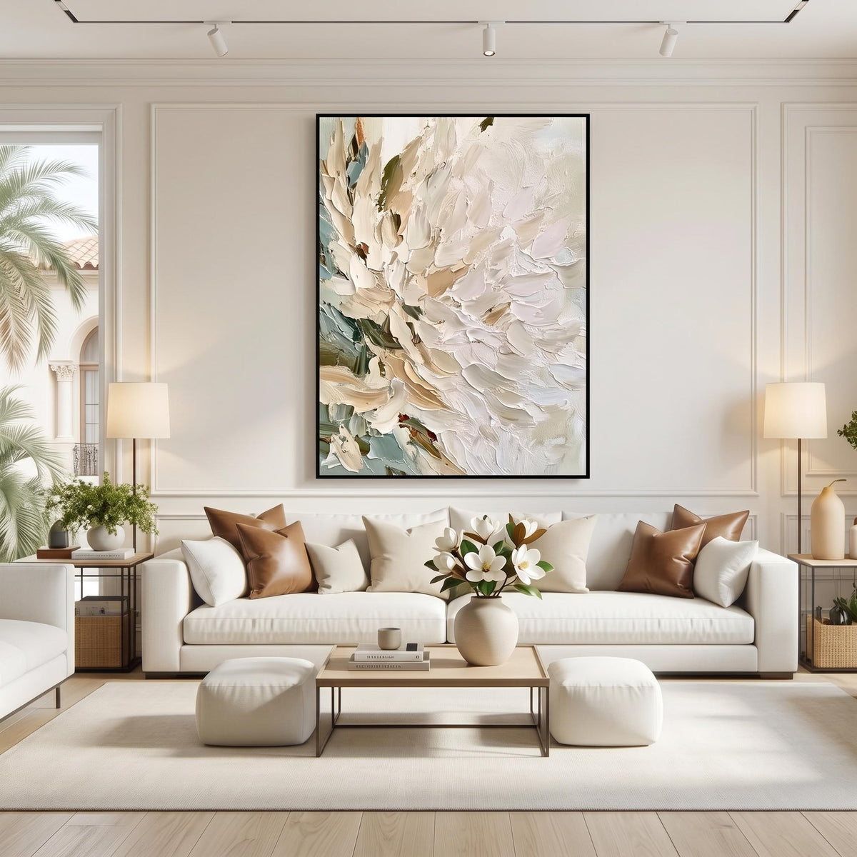 3D-Textured Art｜Vertical Impasto White Flower Wall Art