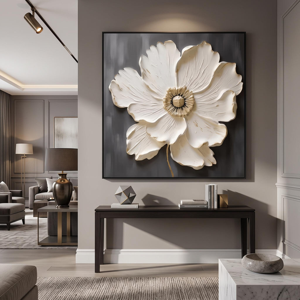3d Textured Art｜Square White‑Gold Flower Wall Art