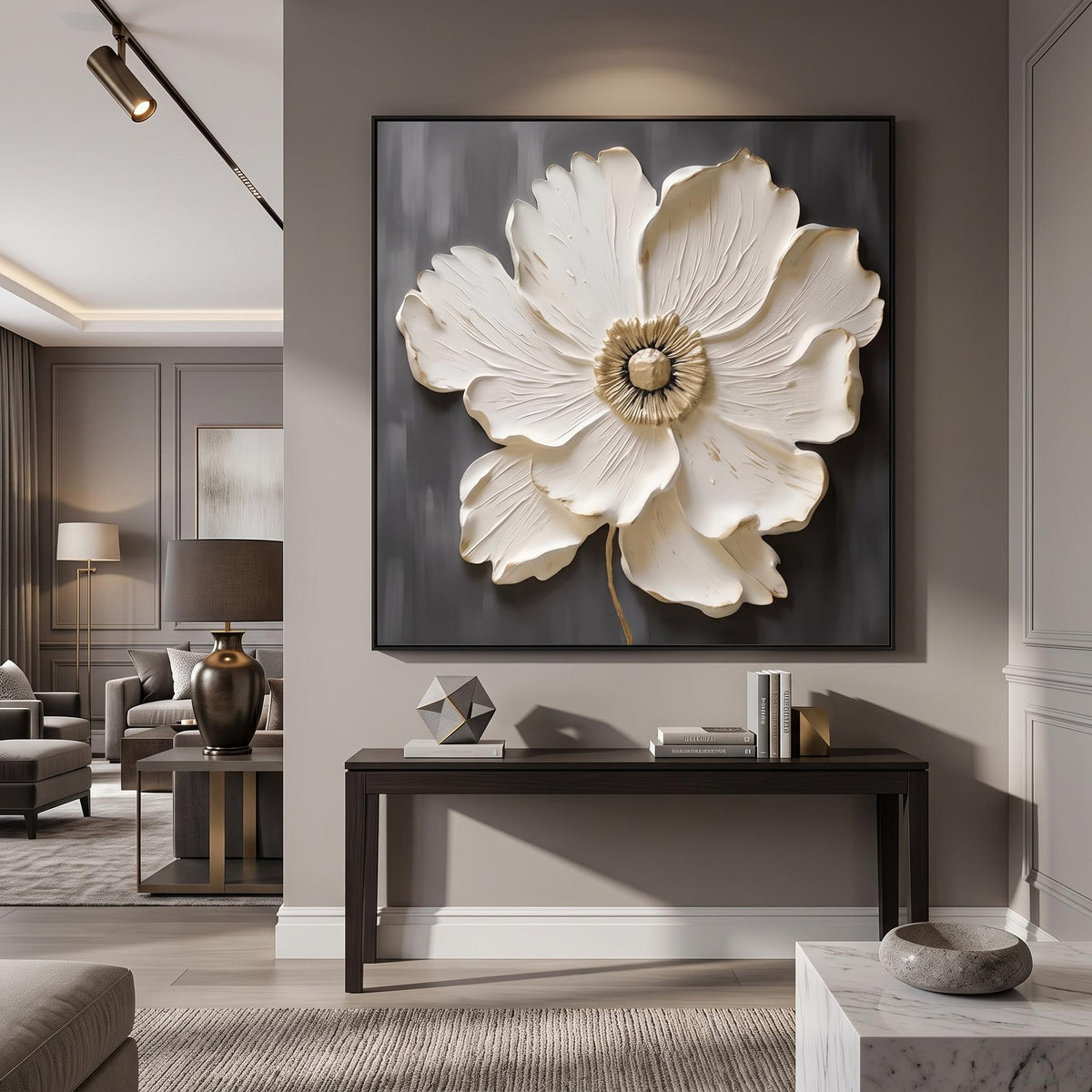 3d Textured Art｜Square White‑Gold Flower Wall Art