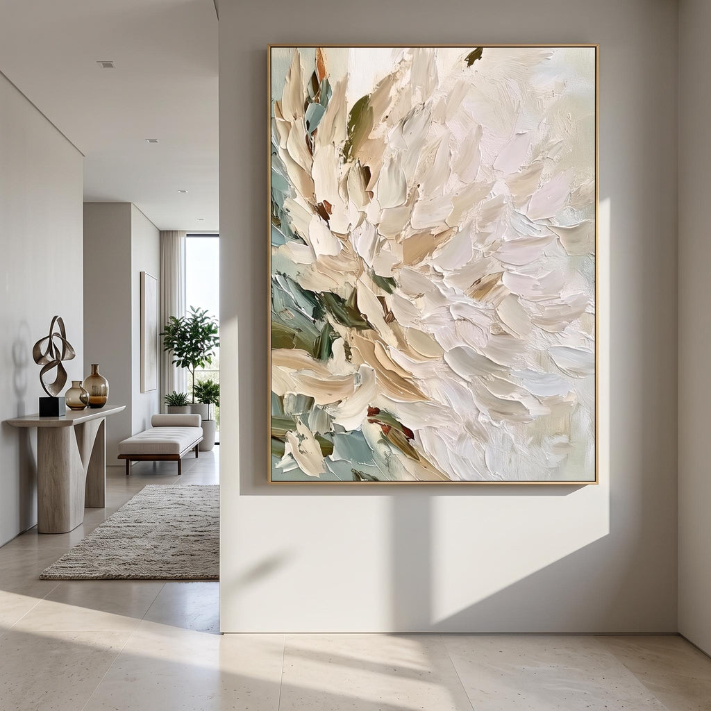 3D-Textured Art｜Vertical Impasto White Flower Wall Art