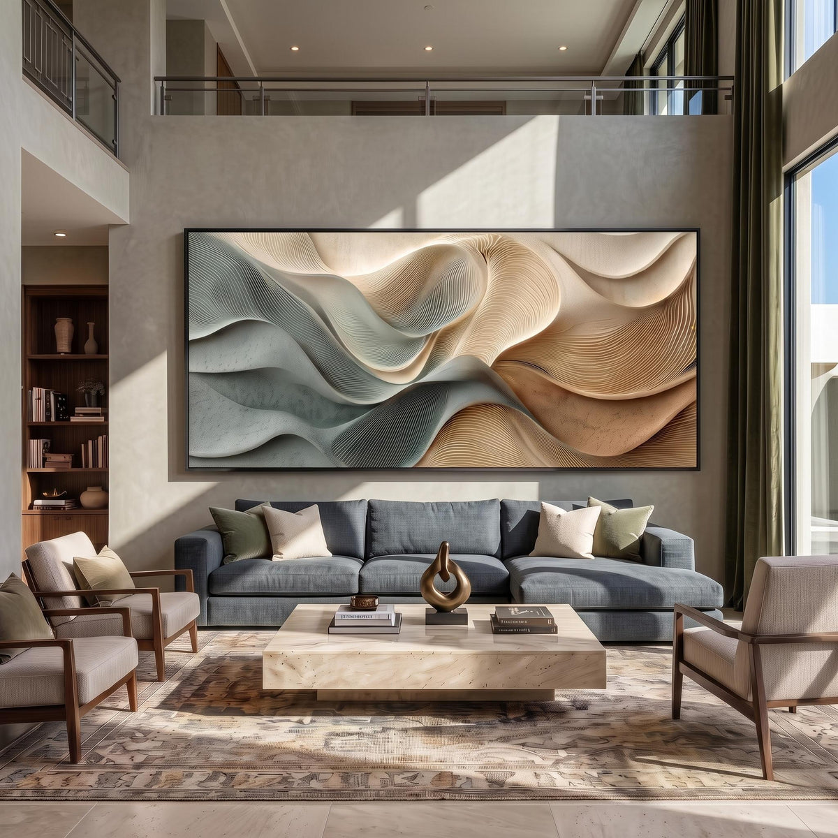 3D Texture Abstract Art｜Dusty Blue Beige Heavy‑Texture Wave Canvas Print