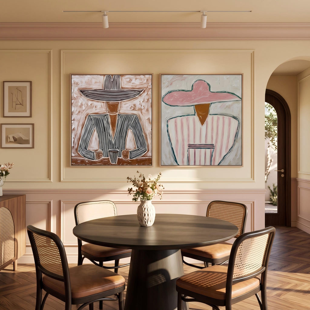 Vintage Americana Art | Double Wide Striped Hat Western Cowboy and Girl