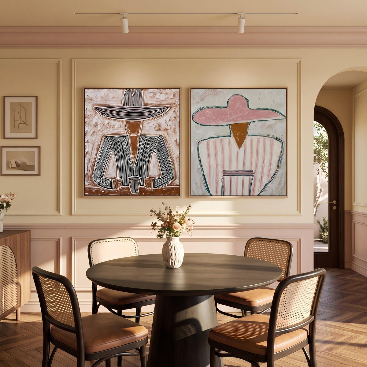 Vintage Americana Art | Double Wide Striped Hat Western Cowboy and Girl
