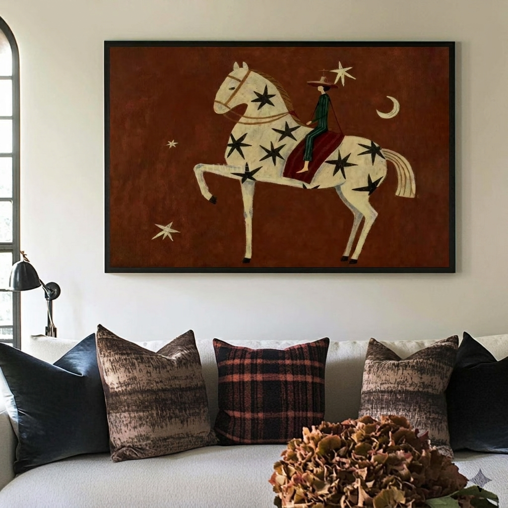 Vintage Americana Art | Rust Red Stylized Horse With Moon & Stars Canvas